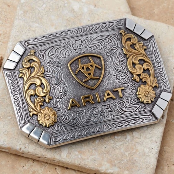 Ariat Silver with Gold Accent Scrolling Floral Logo Shield Rectangle BELT BUCKLE - Picture 6 of 6